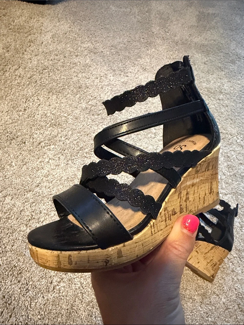 Girls Black Scalloped Strappy Wedge Sandals - Size 12